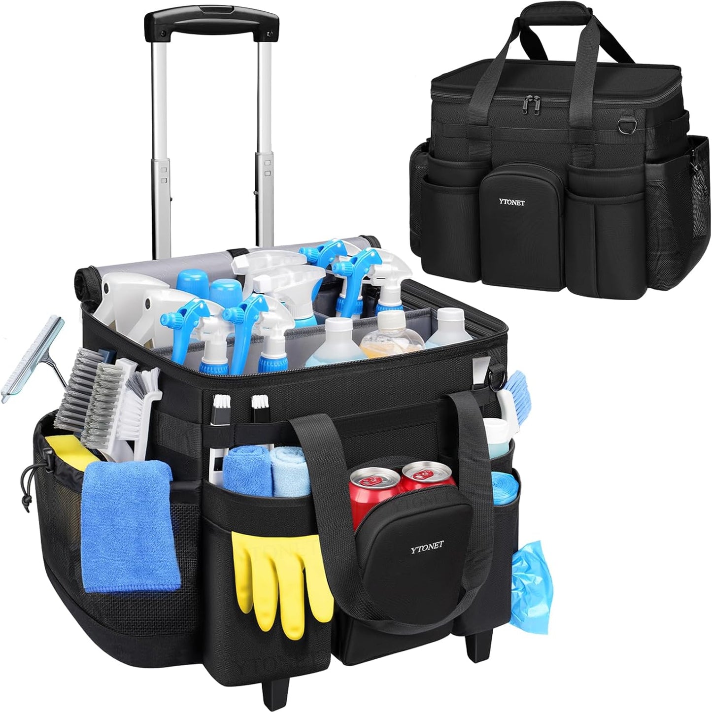 Ytonet Cleaning Caddy with Wheels, Extra Large Rolling Cleaning Caddy Bag | with Detachable Trolley for Housekeepers, Water Resistant Cleaner Supplies Organizer with Wheels for Kitchen, Tool Organizer
