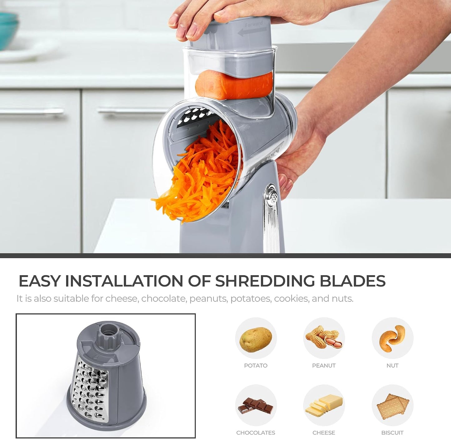 SUSTEAS Rotary Cheese Grater 5 Blades,Kitchen Mandoline Vegetable Slicer | White, Easy to Clean, Strong Suction Base, 5 Blades Storage Box, Round Mandoline Slicer & Food Chopper for Salad
