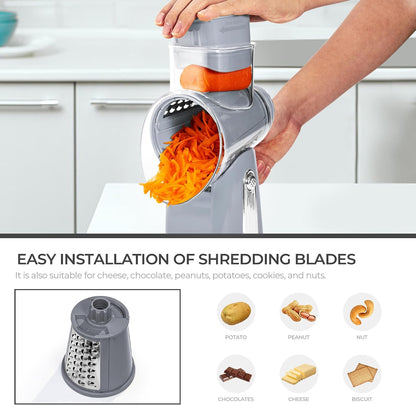 SUSTEAS Rotary Cheese Grater 5 Blades,Kitchen Mandoline Vegetable Slicer | White, Easy to Clean, Strong Suction Base, 5 Blades Storage Box, Round Mandoline Slicer & Food Chopper for Salad