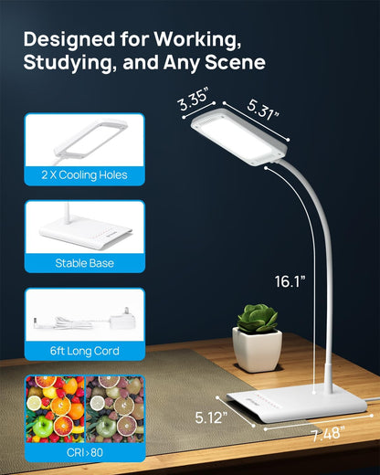 TROND Desk Lamp, Dimmable Eye-Caring Table Lamp, Memory Function, Black | 3 Color Modes 7 Brightness Levels, Flexible Gooseneck, Touch Control, Desk Light for Home Office Dorm Room Essentials