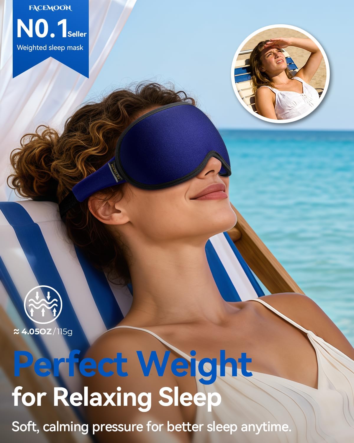 FACEMOON 3D Blackout Weighted Eye Mask for Sleep, Airplane Travel Essential | Long flights, road trips, gentle weighted comfort, deep cups, lash-friendly, adjustable strap, daytime naps for men & women