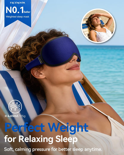 FACEMOON 3D Blackout Weighted Eye Mask for Sleep, Airplane Travel Essential | Long flights, road trips, gentle weighted comfort, deep cups, lash-friendly, adjustable strap, daytime naps for men & women