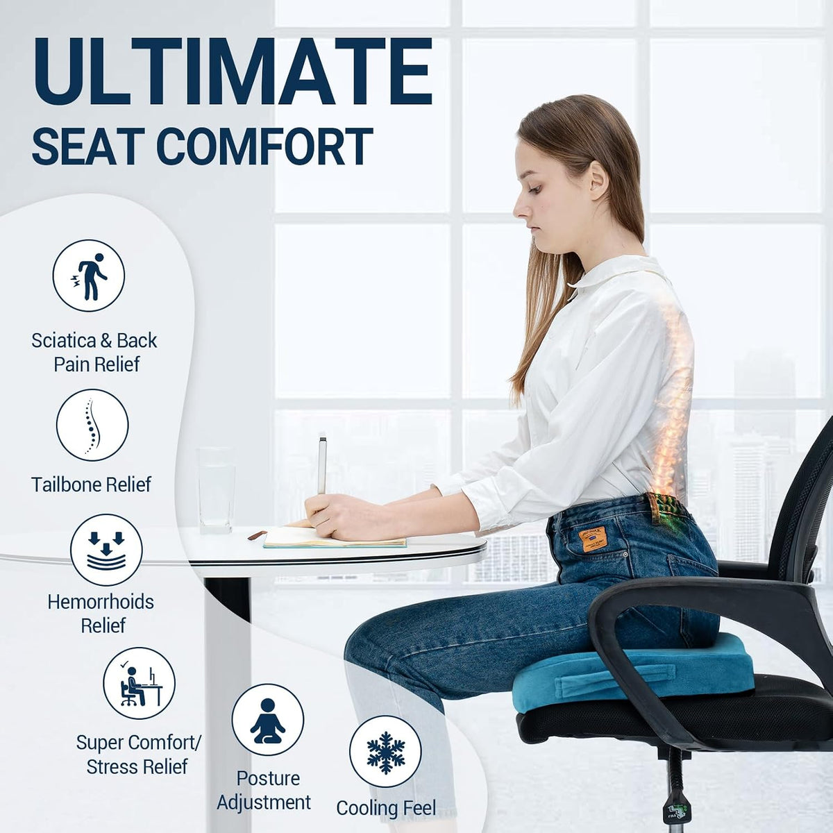 Season Guard Gel Memory Foam Seat Cushion for Tailbone Pain Relief, Black