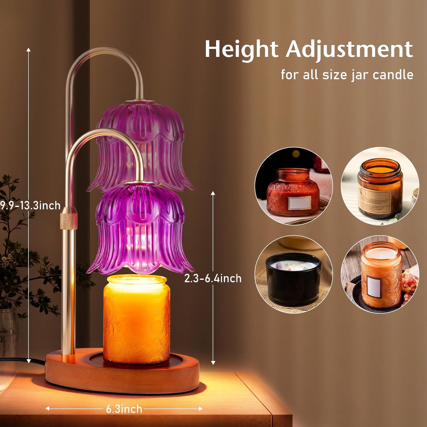 Adjustable Candle Warmer Lamp with Timer - Electric Light Wax Warming | Dimmable, Flameless, Top Melter Heater Melting Heating Height Small Jar Candles Gifts Women Mom Birthday Desk Modern Decor