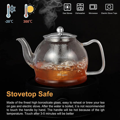Glass Teapot, 40oz/1200ml Tea Pot with Removable Infuser for Loose Tea | Stovetop Safe Borosilicate Glass Tea Kettle with Strainer and Lid, Hand Crafted Clear Teapot with Scale Line,Tea Brewer Guide