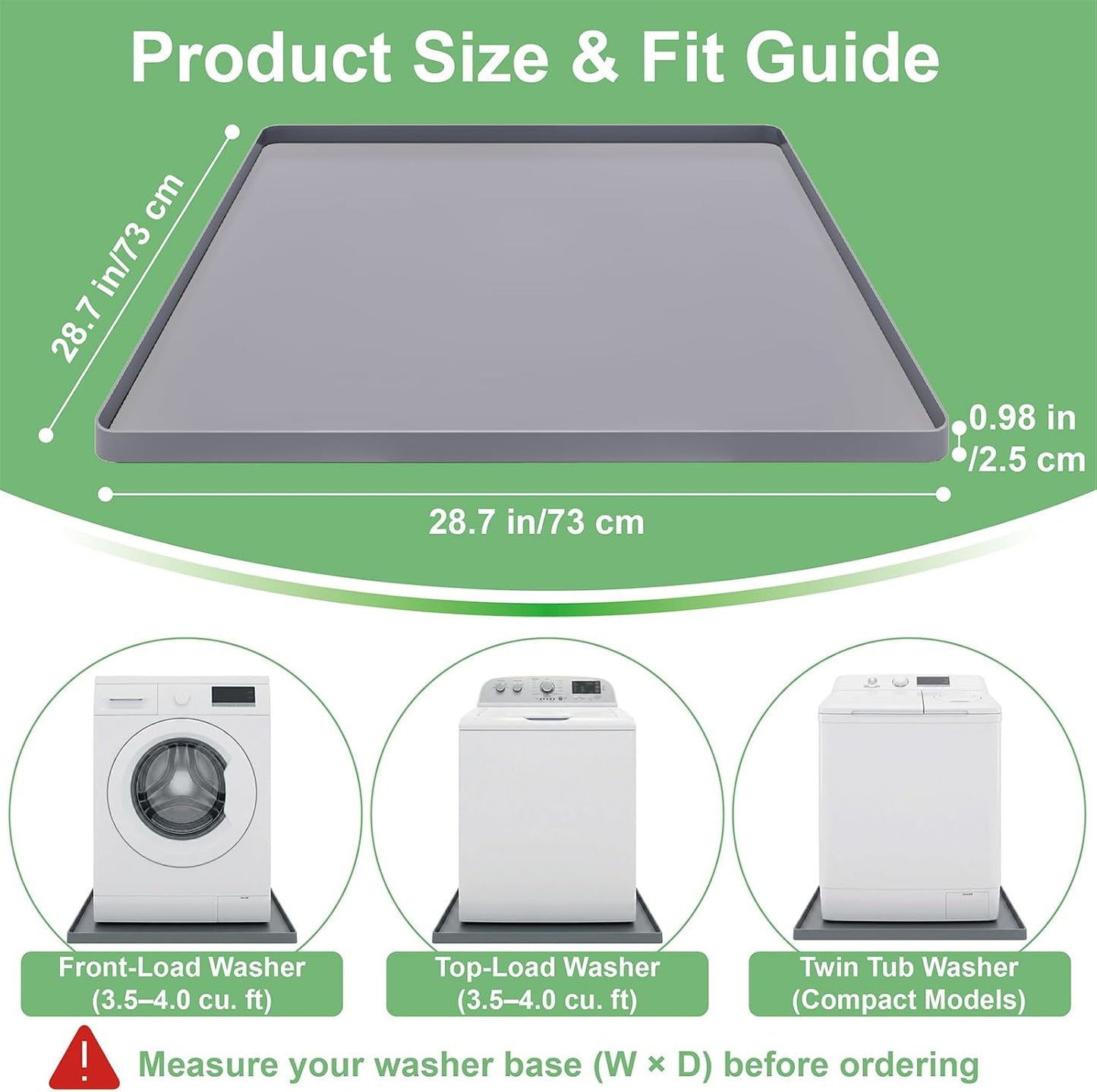 28.7” x 28.7” Washing Machine Drain Pan, Silicone Washer Pan, Black | 2cm Raised Waterproof Edge, Washer and Dryer Mat for Floor Protection, Fits Compact Washers Up to 4.0 Cu.Ft.