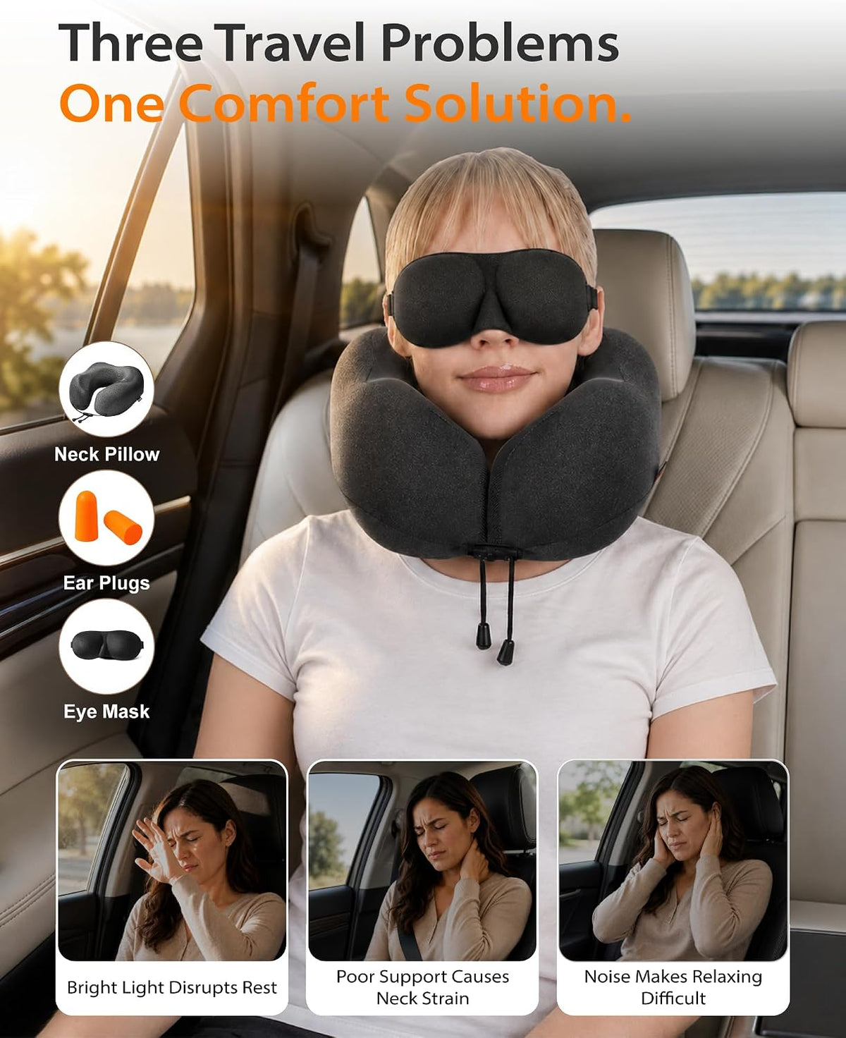 MLVOC Airplane Travel Neck Pillow for Sleeping, 3D-Eye Mask & Earplugs Kit