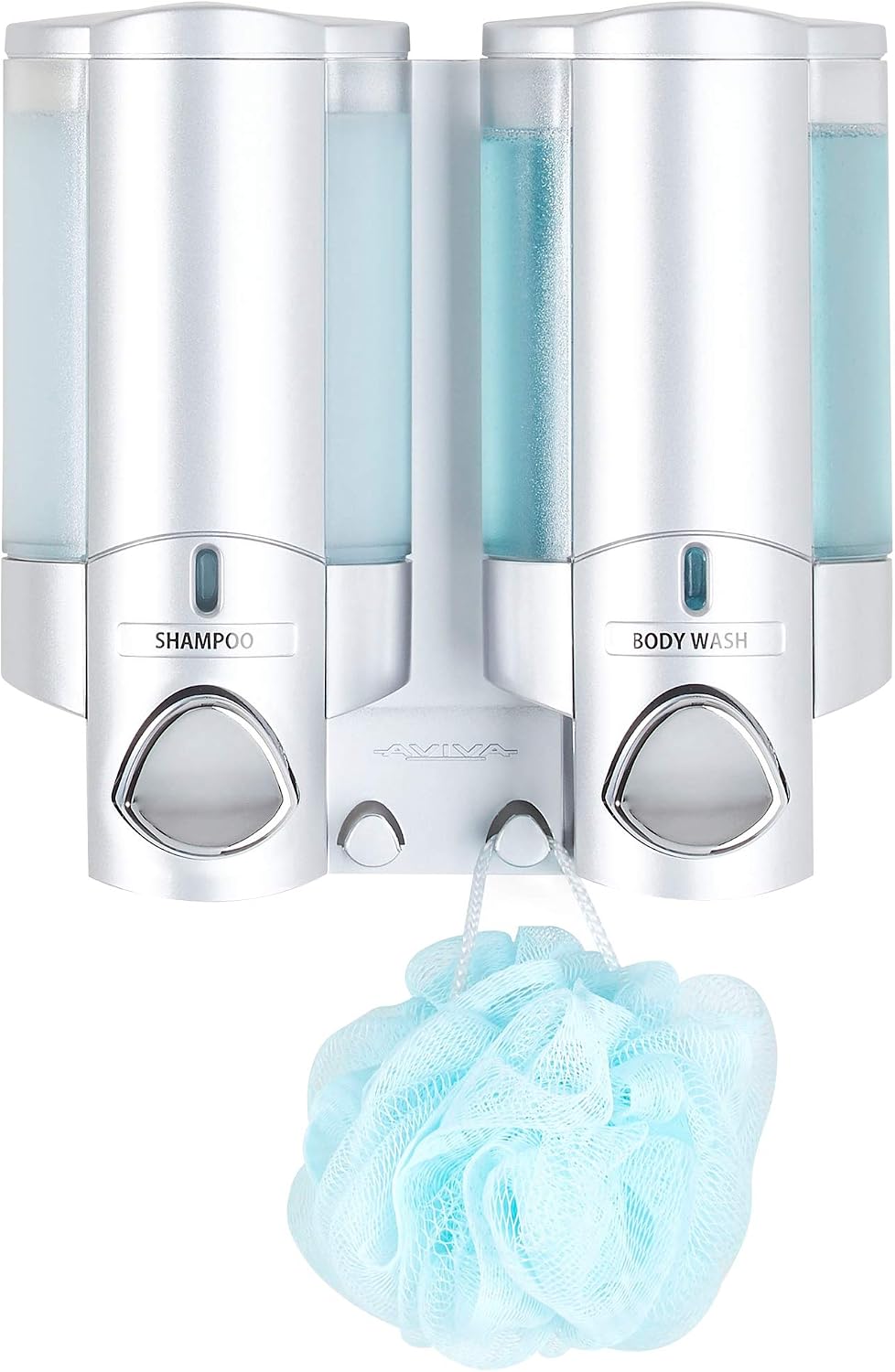 Better Living Aviva Wall Mount Shower Dispenser, 3 x 11 oz, Satin Silver | 3 Chamber, Shower Dispenser for Bathroom, Built-in Hooks, No Drill, Waterproof Dispenser Pump