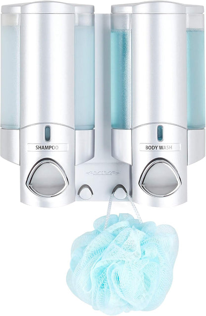 Better Living Aviva Wall Mount Shower Dispenser, 3 x 11 oz, Satin Silver | 3 Chamber, Shower Dispenser for Bathroom, Built-in Hooks, No Drill, Waterproof Dispenser Pump