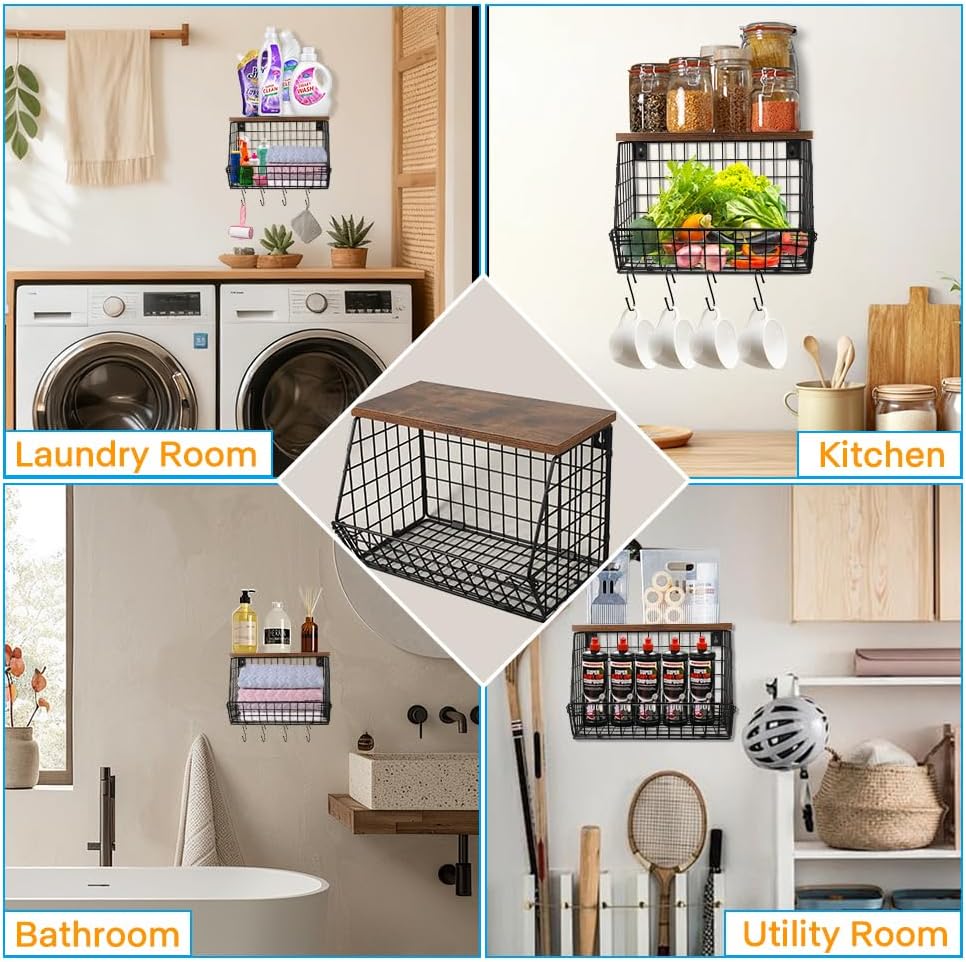 Picowe Laundry Room Shelves Wall Mounted, Metal Basket with Wood Lid (S) | Stackable & wall-mountable. Rust-resistant steel. Wooden top stores dryer sheets & lint rollers. Fits over washer/dryer.