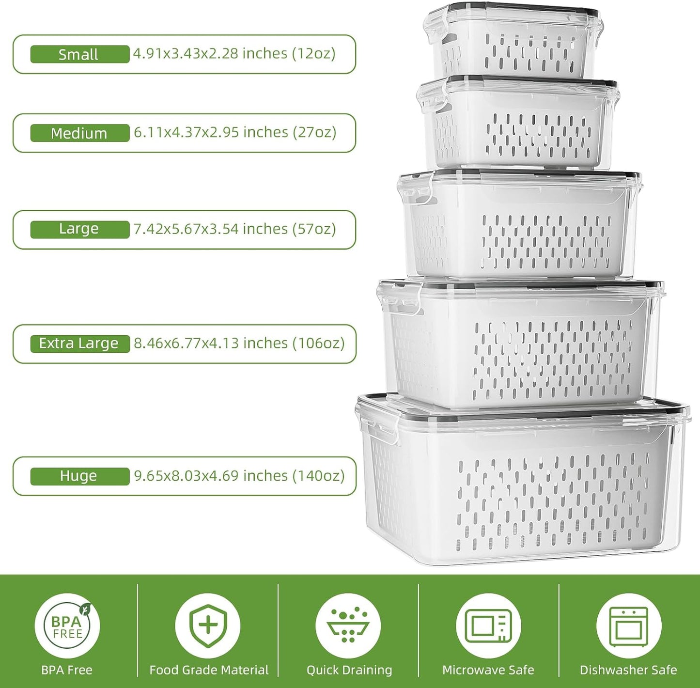 KEMETHY 5 Pack Fruit Storage Containers for Fridge with Removable Colanders - Food Storage Containers with Lids, BPA-Free Produce Containers Keep Fruits, Vegetables, Berry, Meat Fresh Longer