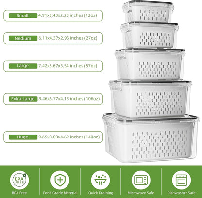 KEMETHY 5 Pack Fruit Storage Containers for Fridge with Removable Colanders - Food Storage Containers with Lids, BPA-Free Produce Containers Keep Fruits, Vegetables, Berry, Meat Fresh Longer