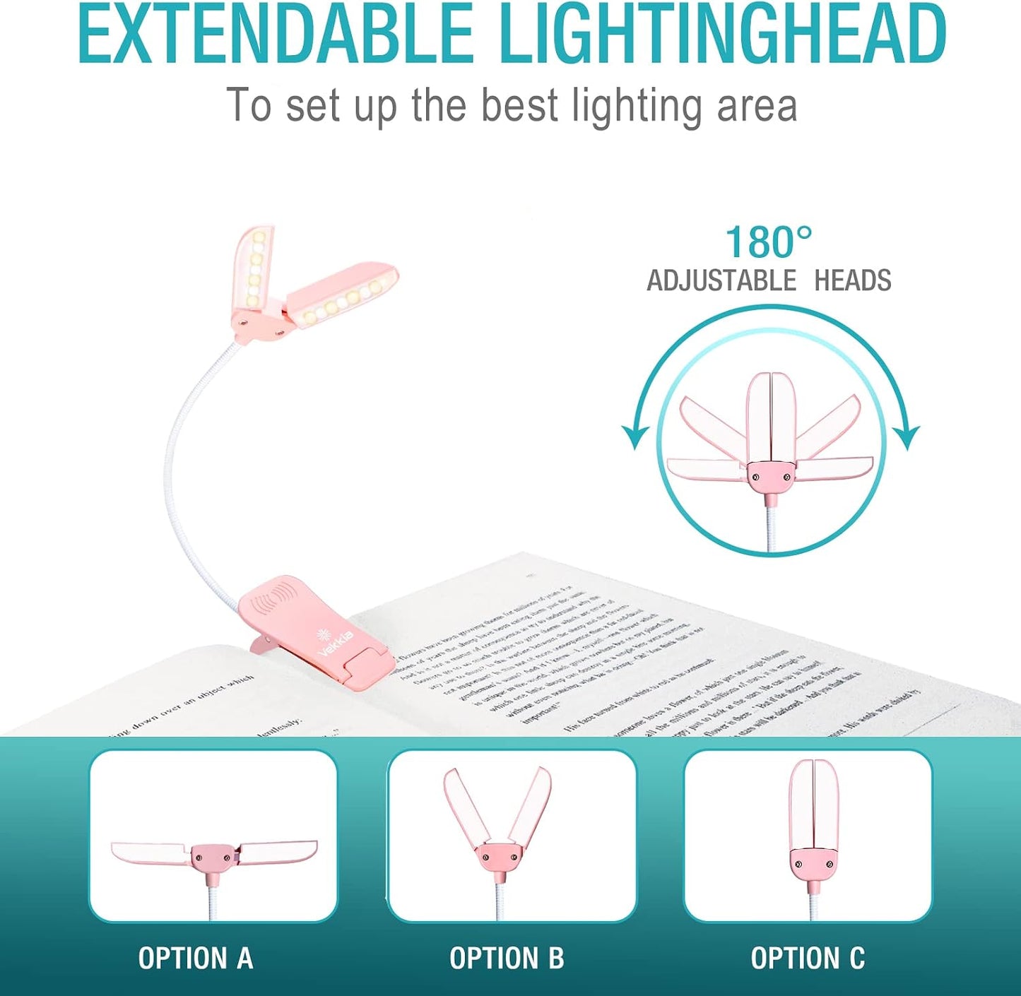 Vekkia 14 LED Rechargeable Book Light for Reading at Night | Eye-Care Reading Light for Books in Bed/180° Adjustable, Clip on Lamp/3 Color Temperatures, Lightweight