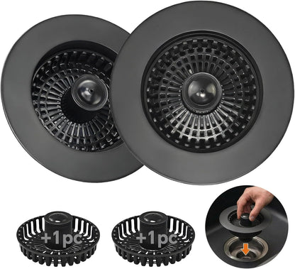 Solid Brass Body 3-in-1 Kitchen Sink Drain Strainer & Stopper, Heavy Duty Pop Up Plug Assembly with 2 Baskets, Anti-Clog Replacement for US Standard 3-1/2 Inch Drains, Rust-Proof Silver