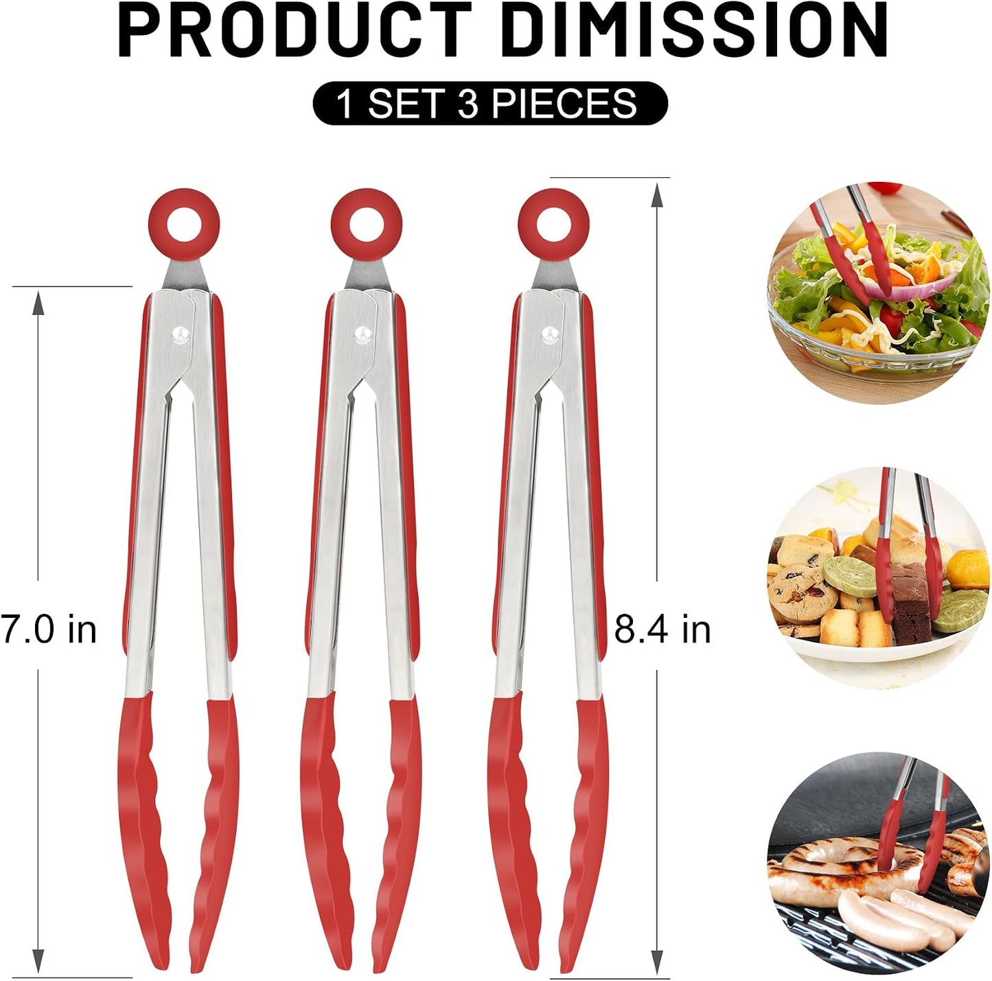 Hotec Mini Silicone Kitchen Tongs for Cooking - 7-Inch Small Serving Tongs with Silicone Tips, Set of 3 (Black,Grey,Light Blue)