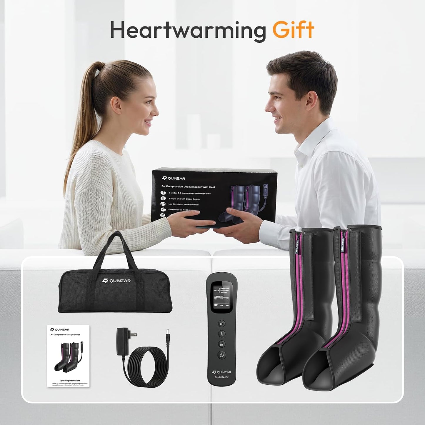 QUINEAR Leg Massager for Circulation and Pain Relief, Heating Leg Compression Massager with 3 Modes, Foot and Calf Massager with 3 Intensities 3 Heats - Gift for Mom and Dad