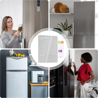 Fridge Chore Chart Clear Acrylic Dry Erase Checklist | with 8 Markers 15.7x11.8inch Magnetic Weekly Chore Chart for Teens Kids Family Kitchen Refrigerator Daily Weekly Schedule