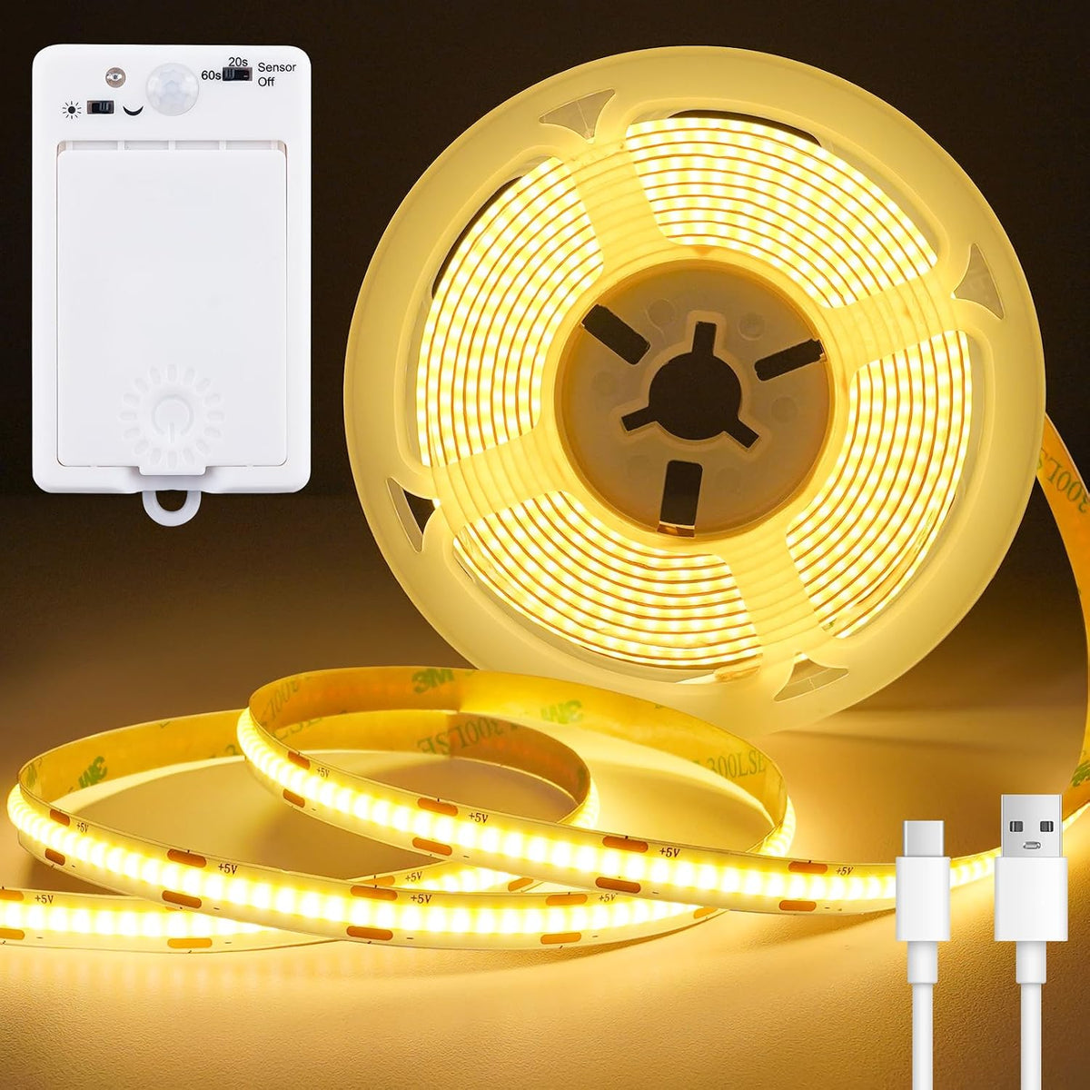 OMIKA Dual Sensor Stair Lights Indoor, Rechargeable 16.4ft LED Strip Light, 150 LEDs Double Motion Activated Under Bed Night Lights for Shelves, Stairway, Closet, Corridor, Bedroom, 6000K Cool White