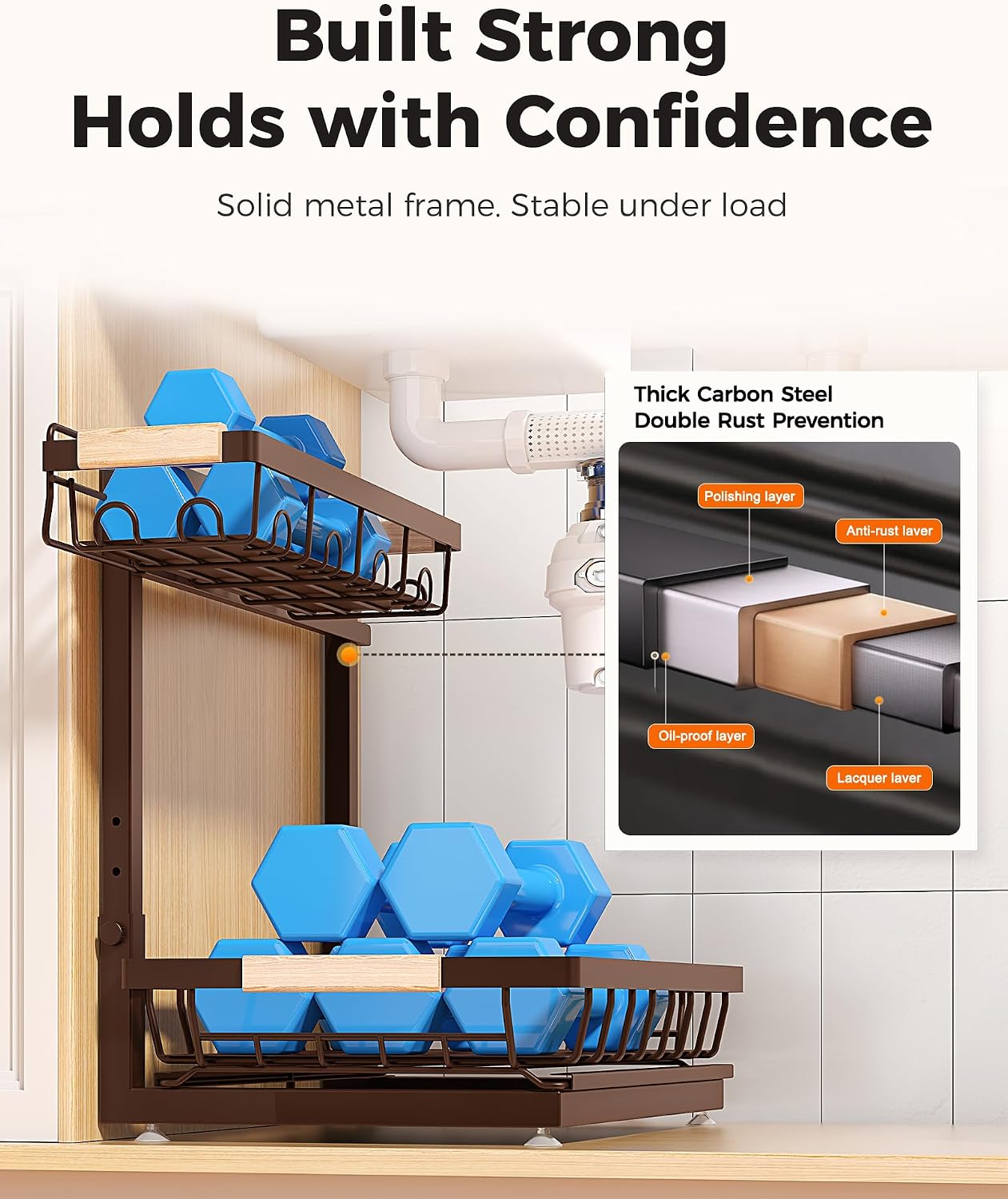 2-Pack 2-Tier Height Adjustable Under Sink Organizer & Storage | Multi-purpose storage for kitchen & bathroom cabinet. Large black shelf, height adjustable design for space-saving.