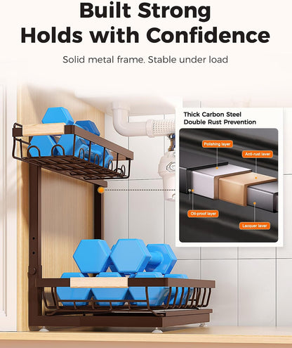 2-Pack 2-Tier Height Adjustable Under Sink Organizer & Storage | Multi-purpose storage for kitchen & bathroom cabinet. Large black shelf, height adjustable design for space-saving.