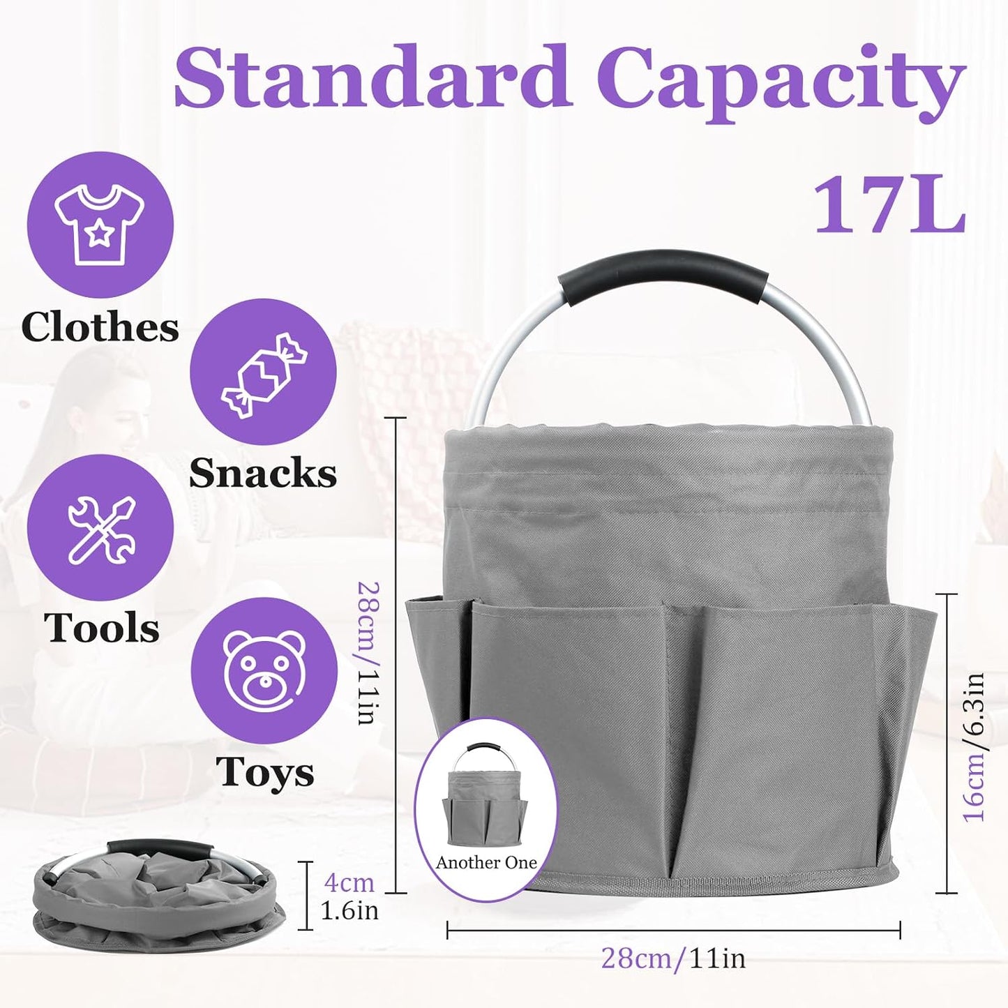 17L Cleaning Caddy with Handle and 6 Pockets, Foldable Cleaning Supply Caddy, Portable Shower Caddy in 600D Oxford Fabric, Multifunctional Storage Basket for Camping, Gardening, Black