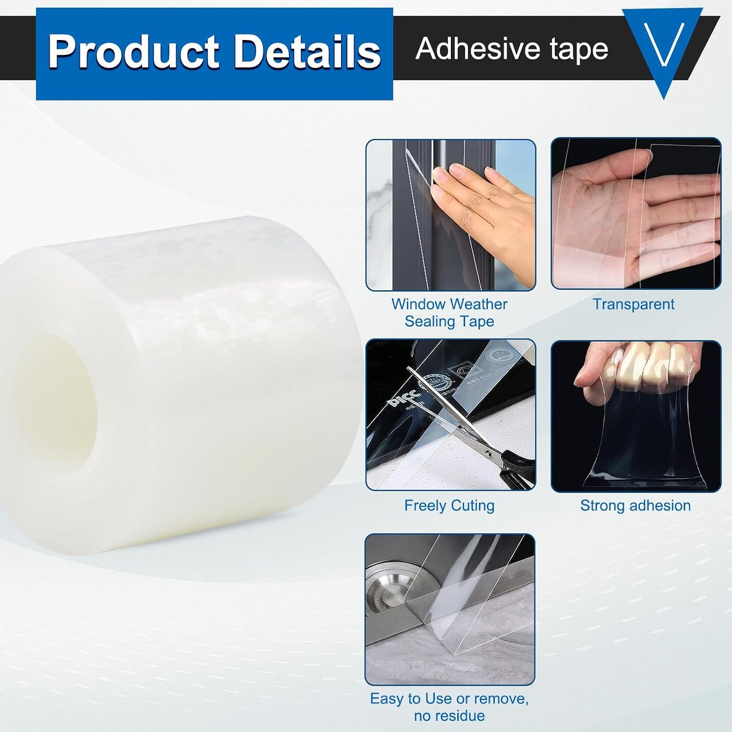 Window Weather Sealing Tape 2 Inch x 33 FT Weather Stripping Residue-Free Clear Window Draft Isolation Sealing Film Caulk Tape for Doors and Shower Glass Gaps Bathroom