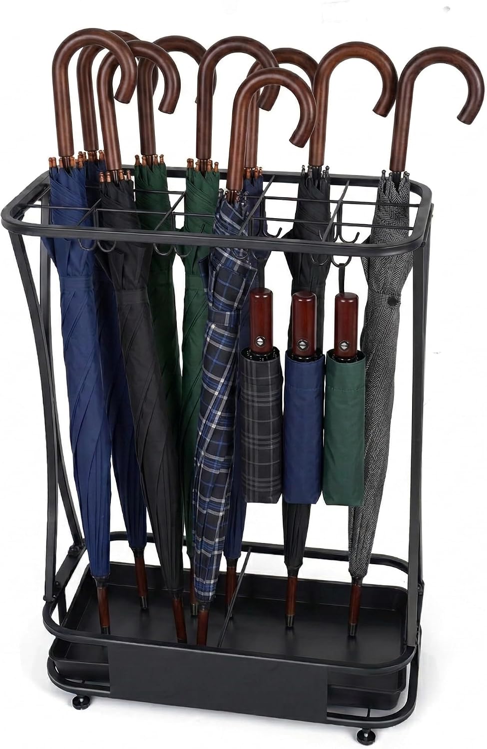 15 Slot Umbrella Stand with 8 Hooks – Heavy Duty Metal Indoor Umbrella Rack Holder with Removable Drip Tray – Large Commercial Entryway Organizer for Office, Lobby or Home
