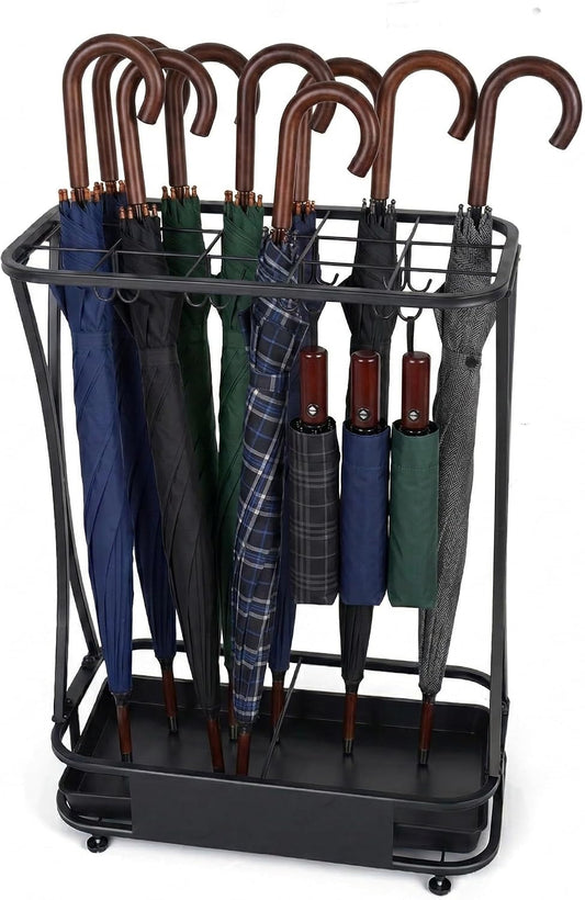 15 Slot Umbrella Stand with 8 Hooks – Heavy Duty Metal Indoor Umbrella Rack Holder with Removable Drip Tray – Large Commercial Entryway Organizer for Office, Lobby or Home