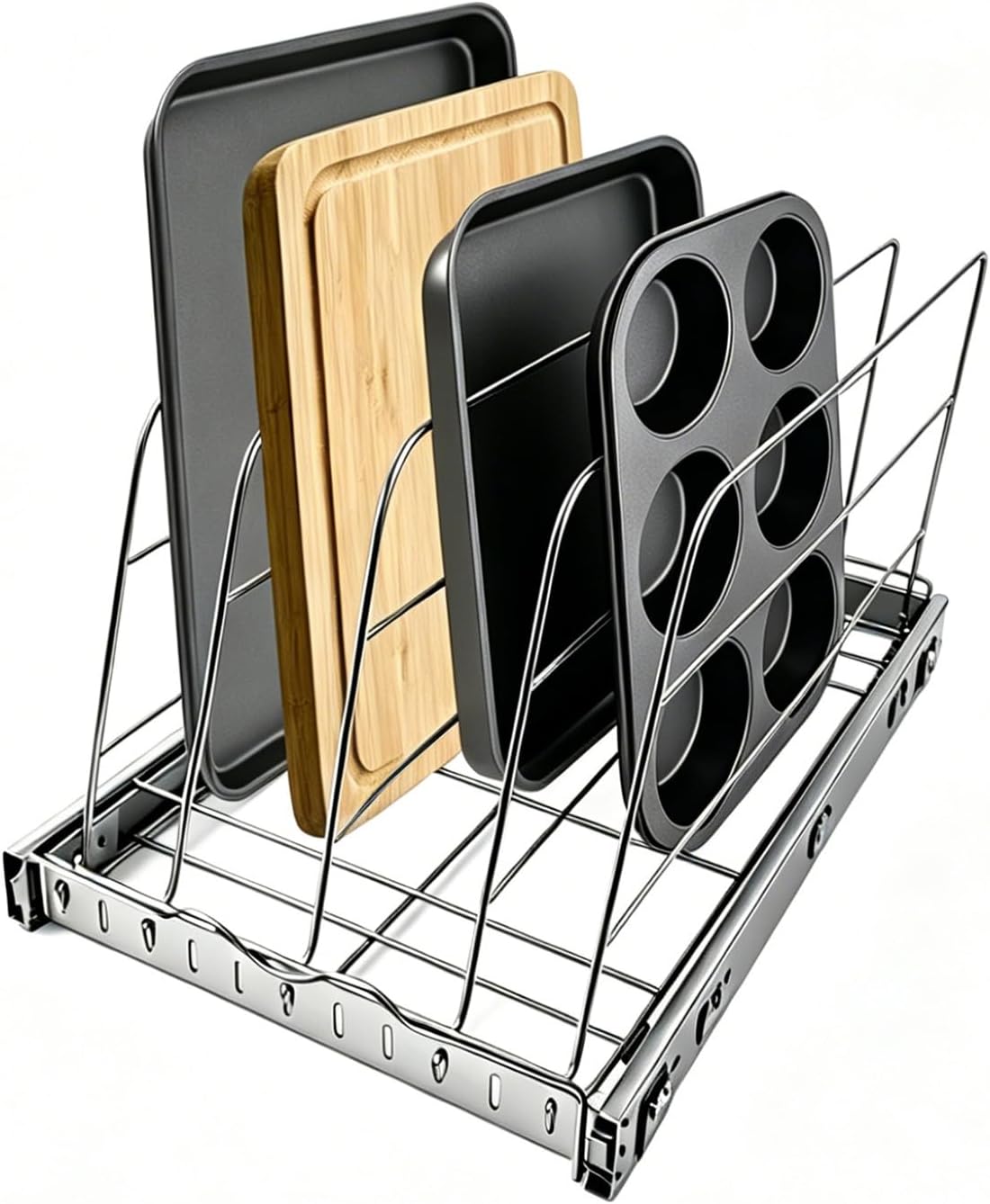 Pull Out Baking Pan Organizer for Cabinet, Cookie Sheet, Cutting Board, Tray Organizer for Cabinet, Adjustable, 22.5"D x11"H x 9"W, Pull/Slide Out Organizer-Heavy Duty, Chrome steel, 50-Year Warranty