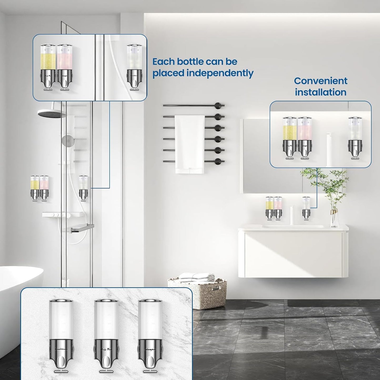 EXIN DECHEN Shampoo and Conditioner Dispenser(Triple x 16.9 oz,Clear) | Easy Installation,Wall-Mounted,Bottle Separable,Large Capacity,Shower Shampoo Conditioner Body Wash Dispenser for Bathroom