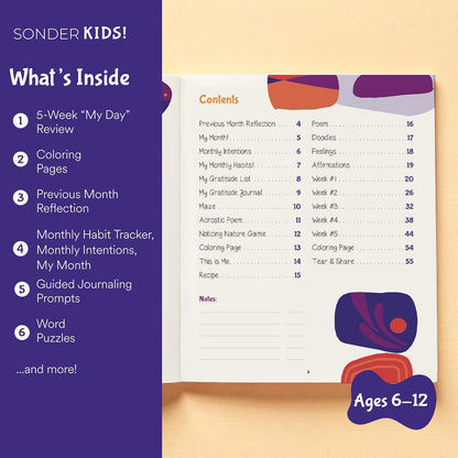 Sonder Kids Wellness Gratitude Journal - Kids Journal for Girls and Boys, Hands-On Activities like Crosswords, Coloring and Nature Prompts, Undated, Ages 6-12, 56 pages