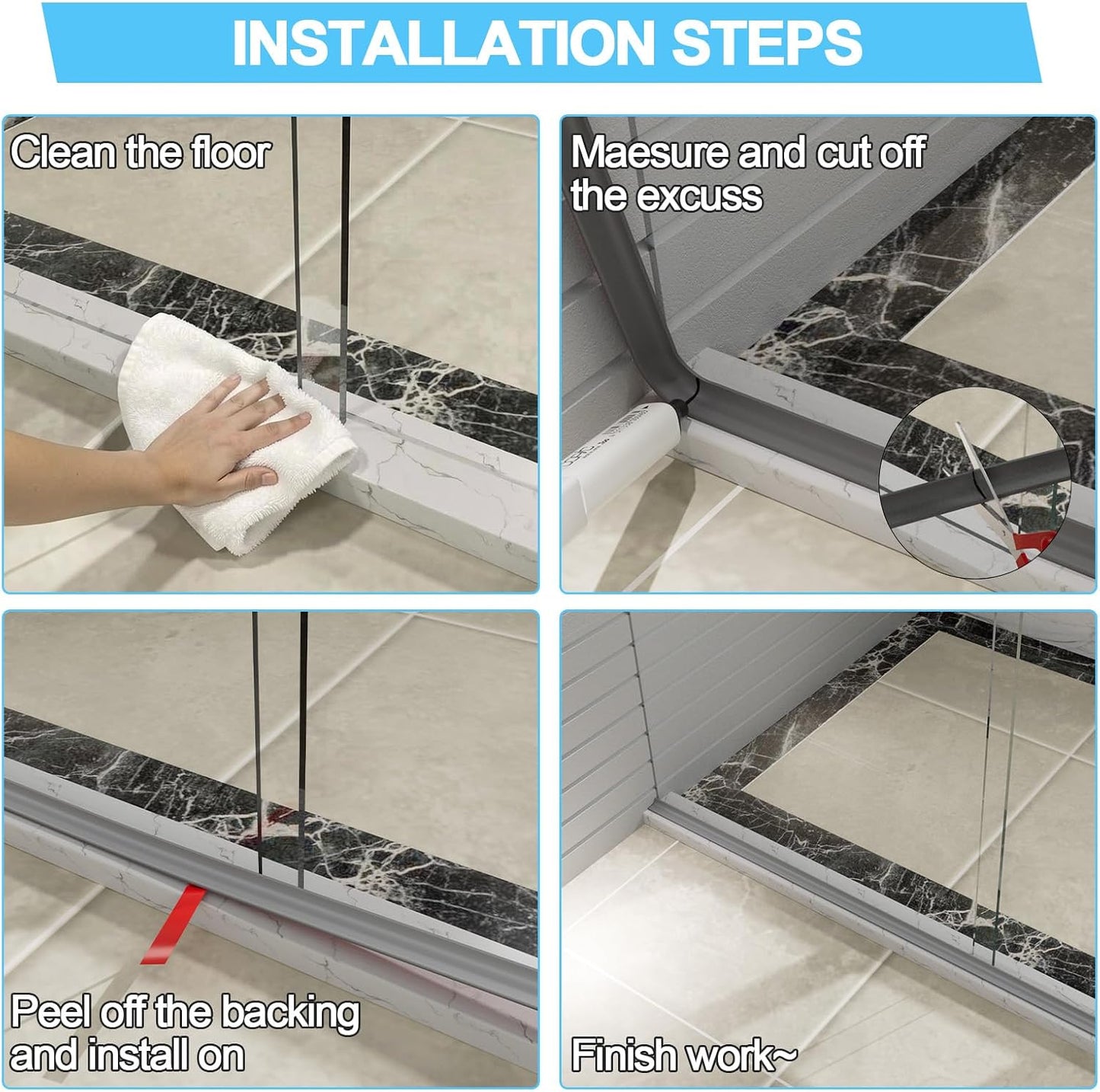 Duzzy Shower Threshold Water Dam Guard, Silicone Rubber Shower Door Bootom Seal Strip for Walk in Shower (39 Inch, Clear)