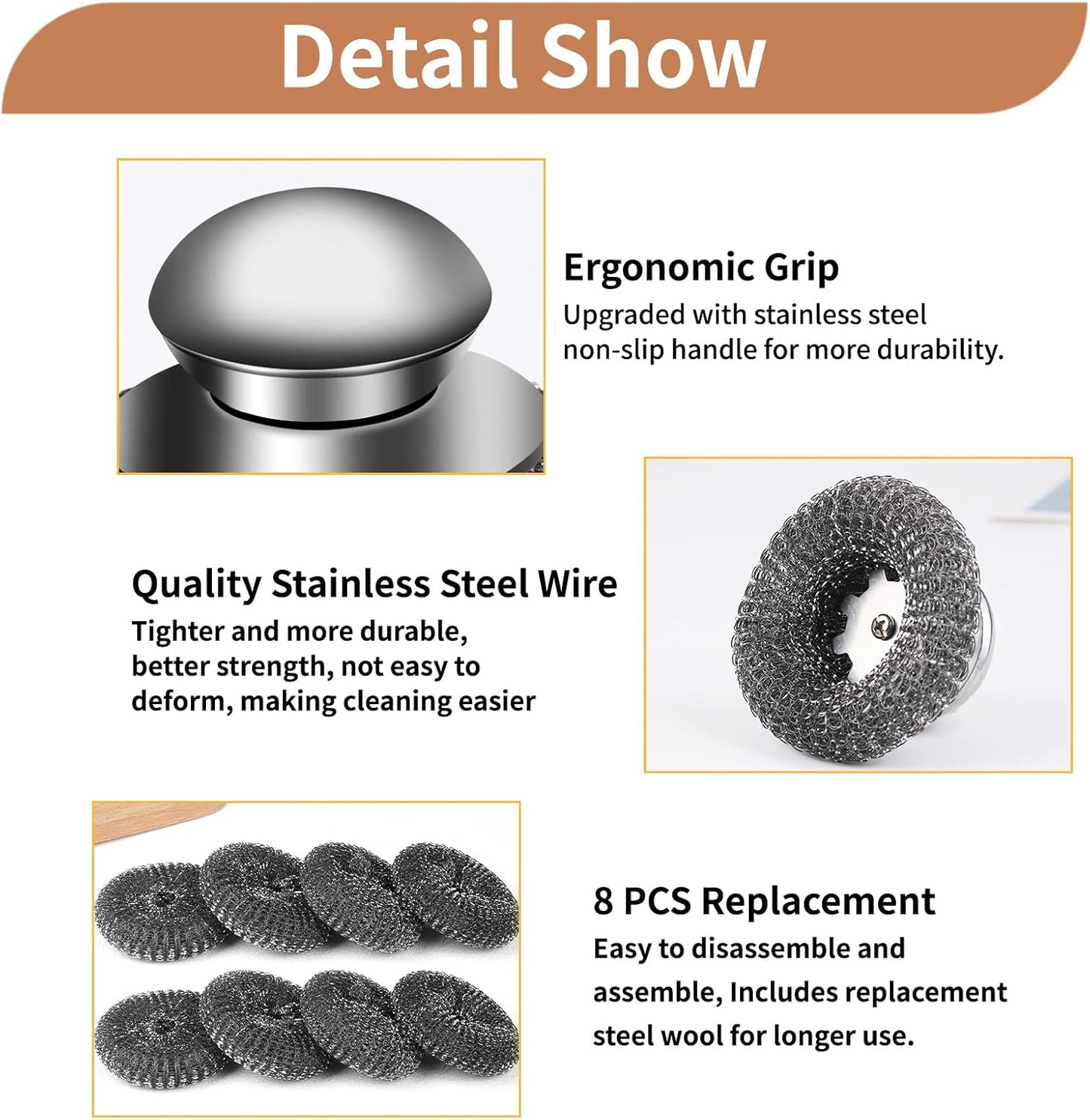 6PCS Steel Wool Scrubber Sponge Set, Barbecue Grill Cleaning Scrubber Pads | Stainless Steel Scrubber Replacement for Scouring Messes from Cast Iron, Pots, Pans, Grill, Stoves, Sink (6 Pads)