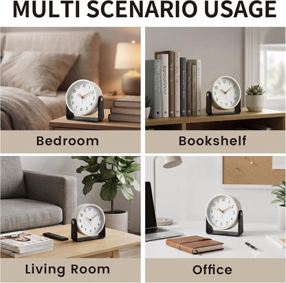 Analog Alarm Clock - 4.5" Silent Non Ticking Small Clock with Light, Rotatable Stand Metal Desk Clock Battery Operated, Simple Design for Living Room Decor/ Bedroom/Bedside/Shelf (Black & White)