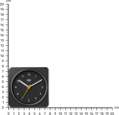 Braun Classic Analogue Alarm Clock with Snooze and Light, Quiet Quartz Sweeping Movement, Crescendo Beep Alarm in Black, Model BC03B.