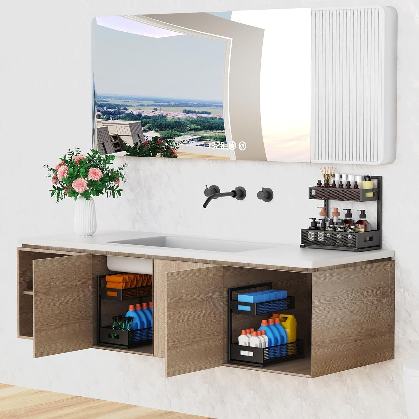 Petiza Under Sink Organizer Adjustable Height 2 Tier Bathroom Organizer Pull Out Cabinet Organer kitchen organizers and storage fridge organizers and storage,White,XL-1 Pack