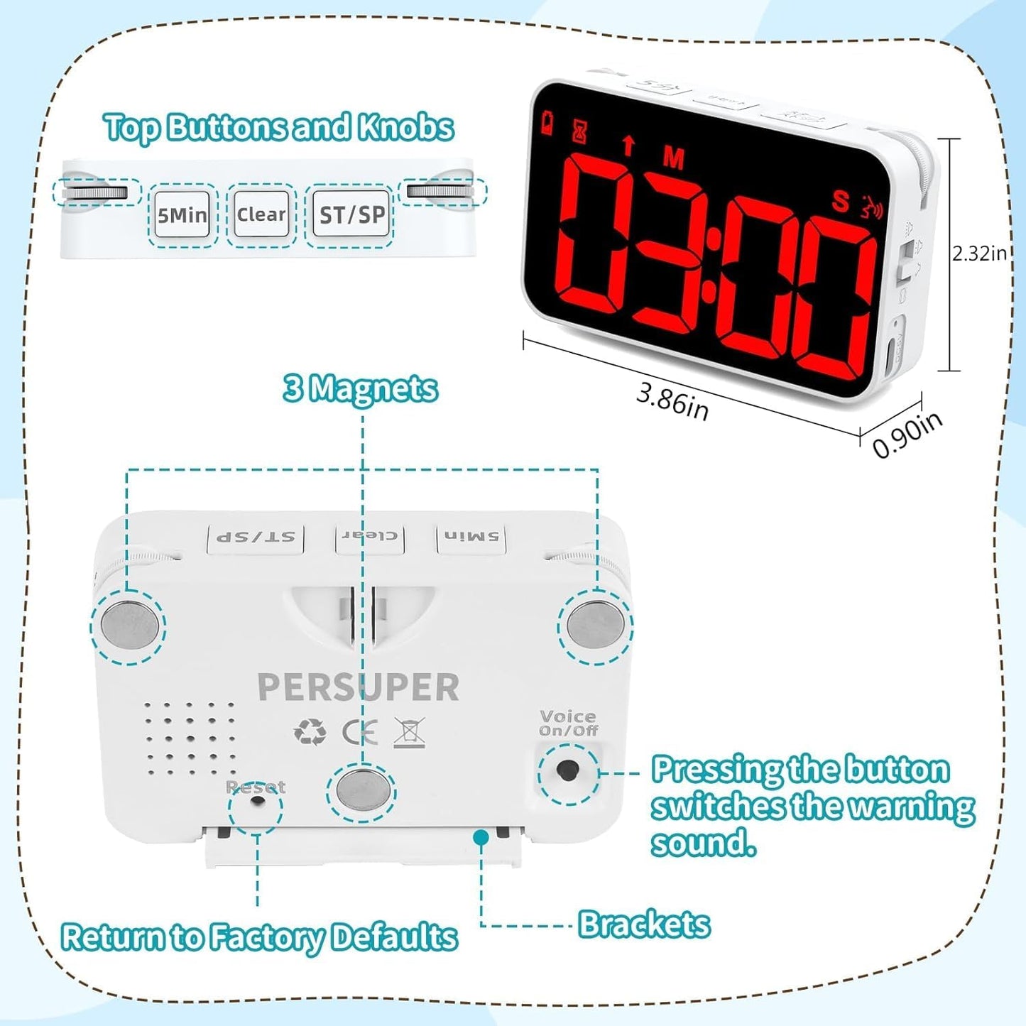 PERSUPER Kitchen Digital Timer, Count Down Up, Rechargeable, Vibration Mode | Adjustable Volume and Brightness LED Display, Time Management Cook, Desk, Kids Adults Study Teaching, Kitchen Gadgets RGB ﻿