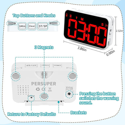 PERSUPER Kitchen Digital Timer, Count Down Up, Rechargeable, Vibration Mode | Adjustable Volume and Brightness LED Display, Time Management Cook, Desk, Kids Adults Study Teaching, Kitchen Gadgets RGB ﻿
