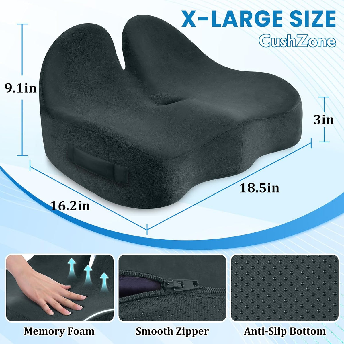 CushZone Ergonomic Seat Cushion, Sciatica Support for Office Chair, Black