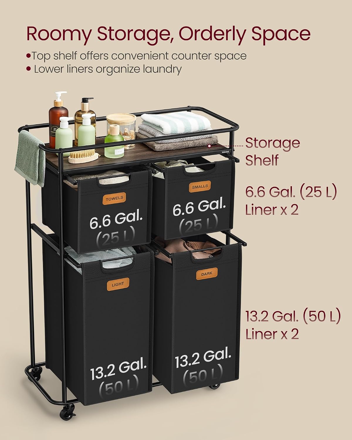 VASAGLE Laundry Sorter with Wheels, 39.6 Gal., 4 Removable Liners | Portable Laundry Cart with Shelf, 150 L, 6 Labels, Ink Black and Chestnut Brown, STEVIE Collection URLS100BH01S