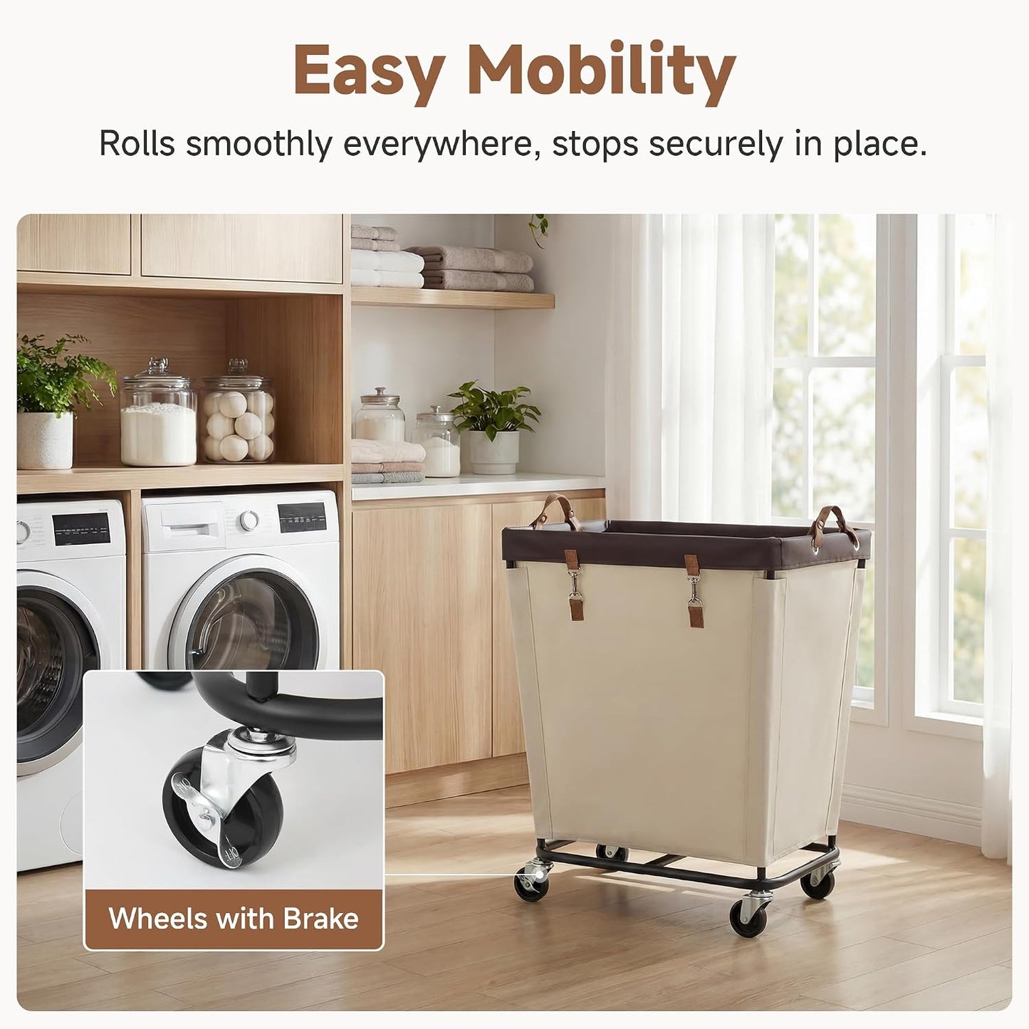 StorageWorks 160L Laundry Basket with Wheels, Rolling Hampers for Clothing | Beige Laundry Basket with Wheels, Metal Frame & Handles, Rolling Hamper for Bedroom, Bathroom, Dorm, Hotel