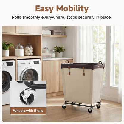 StorageWorks 160L Laundry Basket with Wheels, Rolling Hampers for Clothing | Beige Laundry Basket with Wheels, Metal Frame & Handles, Rolling Hamper for Bedroom, Bathroom, Dorm, Hotel