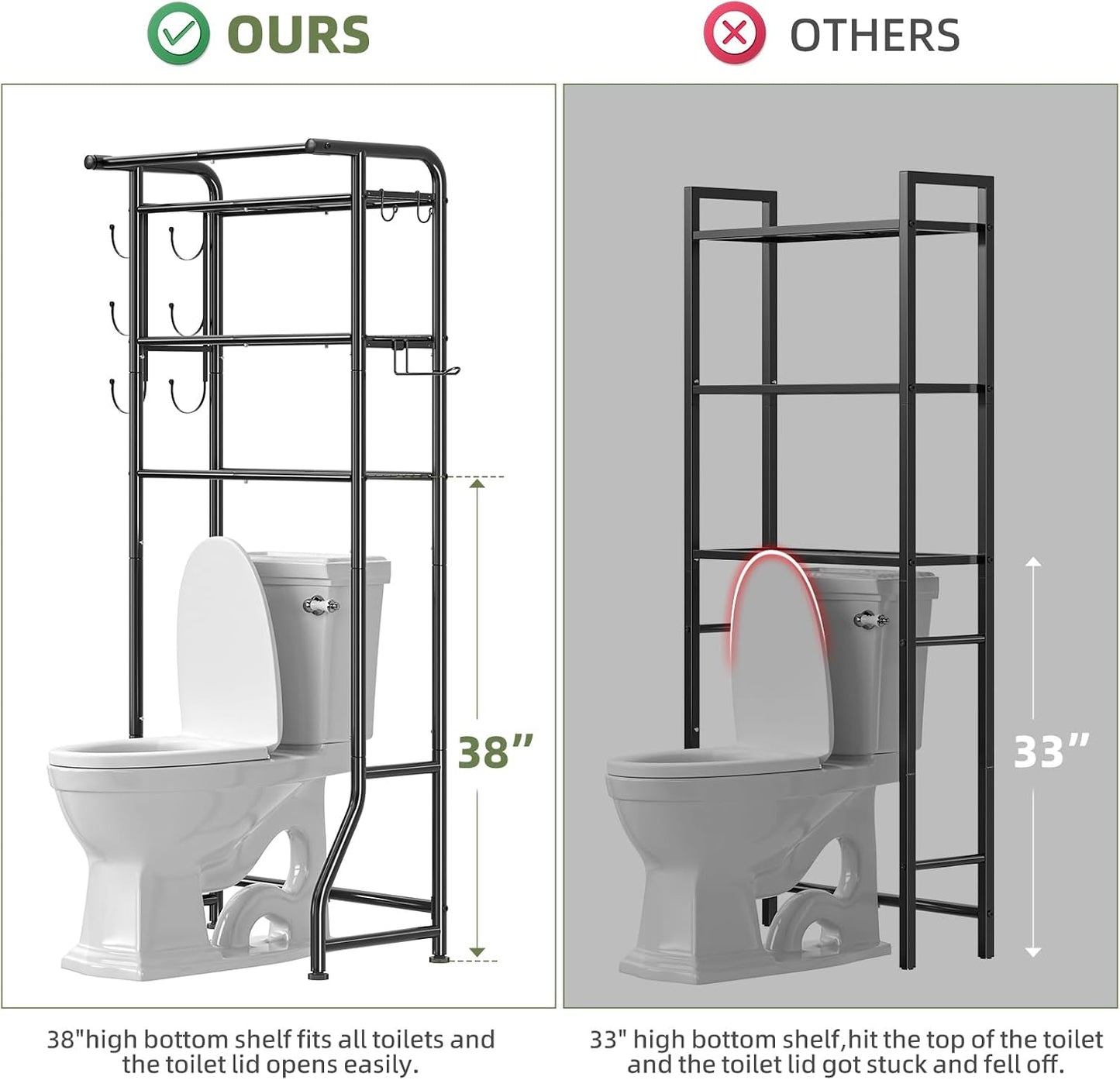 Simple Trending Over The Toilet Storage Cabinet, Metal Bathroom Shelf Organizer with Paper Holder and Hooks, 3 Tier, Black