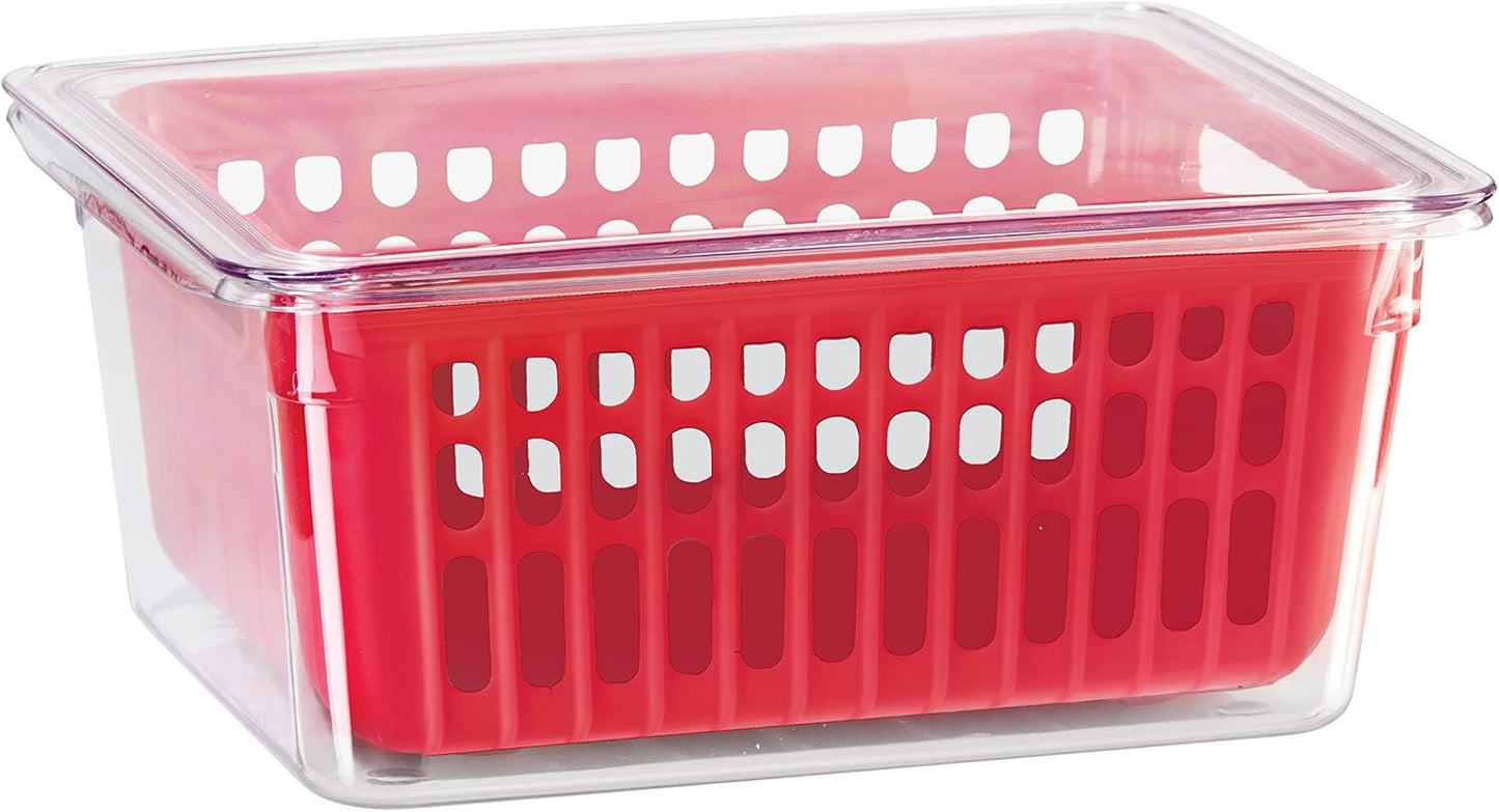 Oggi Berry Container for Fridge - Double Colander Basket - Ideal Berry Containers for Fridge, Includes Berry Colander Insert (8.75" x 6.75" x 3.75"), Red