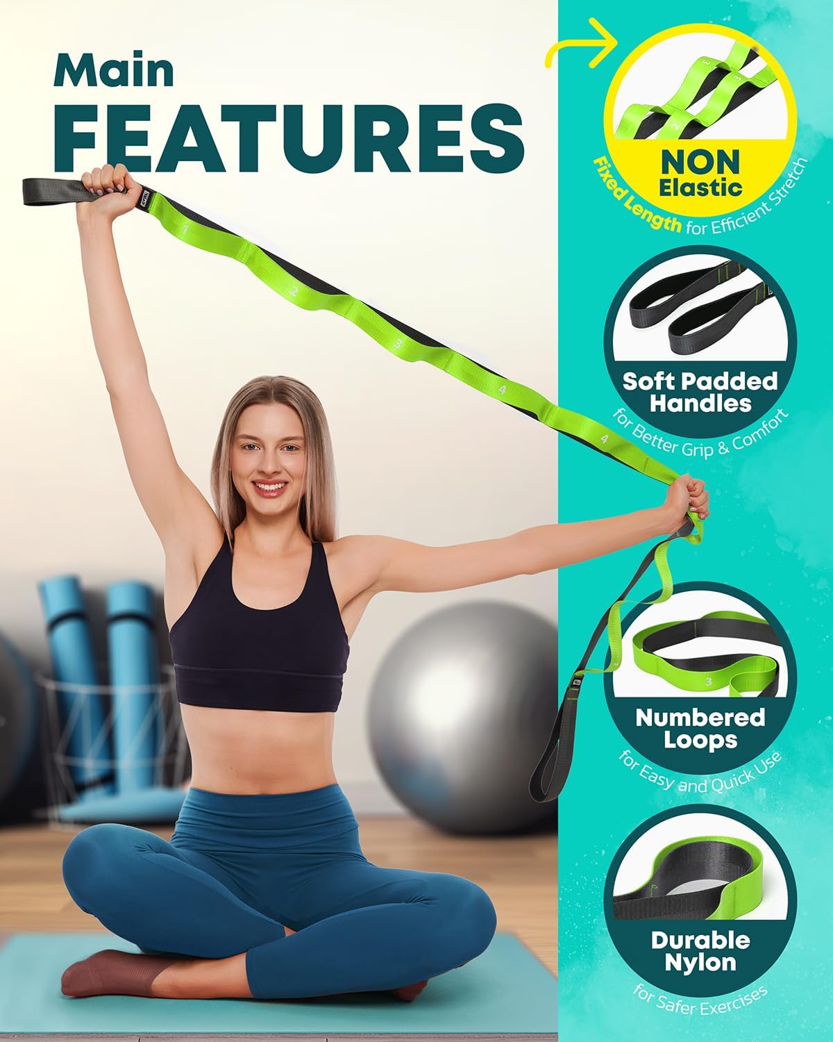 Stretching Strap with Loops - Non Elastic Yoga Strap for Physical Therapy | Video Exercises Included - Stretch bands for Stretching Equipment and Flexibility - Fascia, Hamstring & Leg Stretcher Belt
