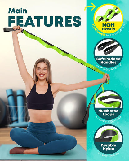 Stretching Strap with Loops - Non Elastic Yoga Strap for Physical Therapy | Video Exercises Included - Stretch bands for Stretching Equipment and Flexibility - Fascia, Hamstring & Leg Stretcher Belt