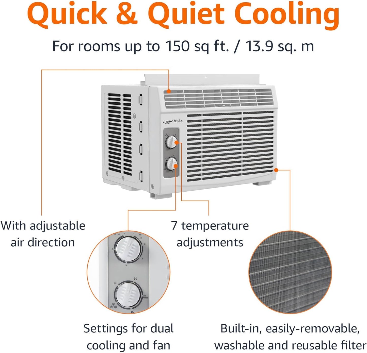 Amazon Basics 5000-BTU Window Air Conditioner with Quiet Operation, Up to 150 Sqf, Cool and Fan Functions, Washable Filter, Adjustable Window Kit, Intuitive Mechanical Controls, for Small Room, White