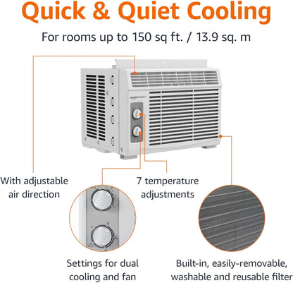 Amazon Basics 5000-BTU Window Air Conditioner with Quiet Operation, Up to 150 Sqf, Cool and Fan Functions, Washable Filter, Adjustable Window Kit, Intuitive Mechanical Controls, for Small Room, White
