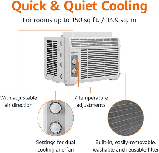 Amazon Basics 5000-BTU Window Air Conditioner with Quiet Operation, Up to 150 Sqf, Cool and Fan Functions, Washable Filter, Adjustable Window Kit, Intuitive Mechanical Controls, for Small Room, White