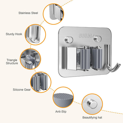 4 Pack Stainless Steel Mop and Broom Holder Wall Mount with Hook, Silver | Screw Drilling or Self Adhesive Storage Rack for Closet Laundry Garage Garden Tool Organizer